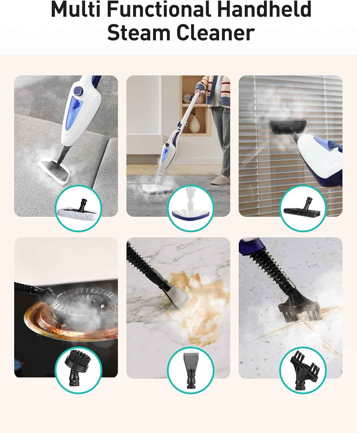 12-in-1 Steam Mop, Fast 15-Sec Heat-Up, 1500W Detachable Handheld Steam Cleaner with 2 Dirt Grip Pads, Removes 99.99% Stubborn Stains for Hardwood Floors, Clothes, Windows, Tiles, Furniture, White