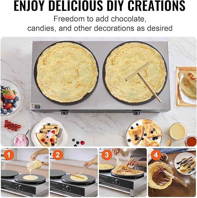 VEVOR Electric Crepe Maker, 16-Inch Double Head Commercial Crepe Machine, 3400W Flat Plate Crepe Griddle, Nonstick Stainless Steel Pancake Making, Desktop Circular Cereals Pancake Stove, AC120V 60Hz