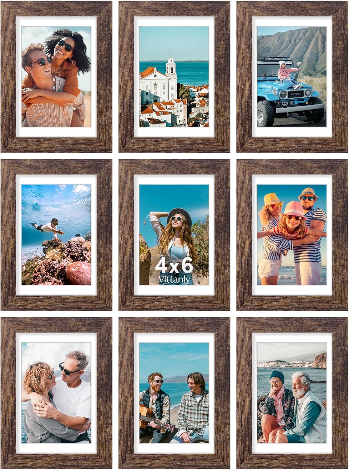 Vittanly 4x6 Picture Frames Set of 9, Shatter Resistant Plexiglass, Display 3.5x5 Pictures with Mat or 4x6 without Mat, Photo Frames for Wall or Tabletop, Engineered Wood, Brown