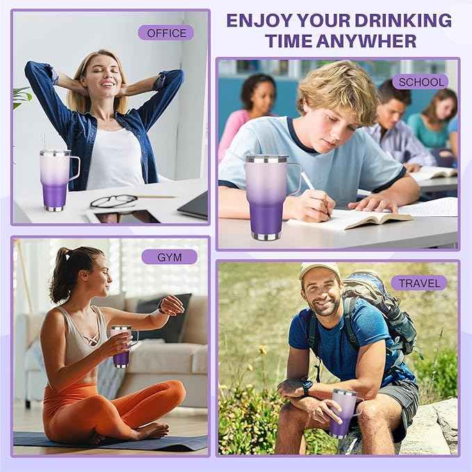 30 oz Tumbler with Handle, Stainless Steel Insulated Tumbler with Lid and Straw, Double Wall Vacuum Coffee Mug Tumbler, Insulated Coffee Thermal Cup for Cold and Hot (Light Dark Purple)