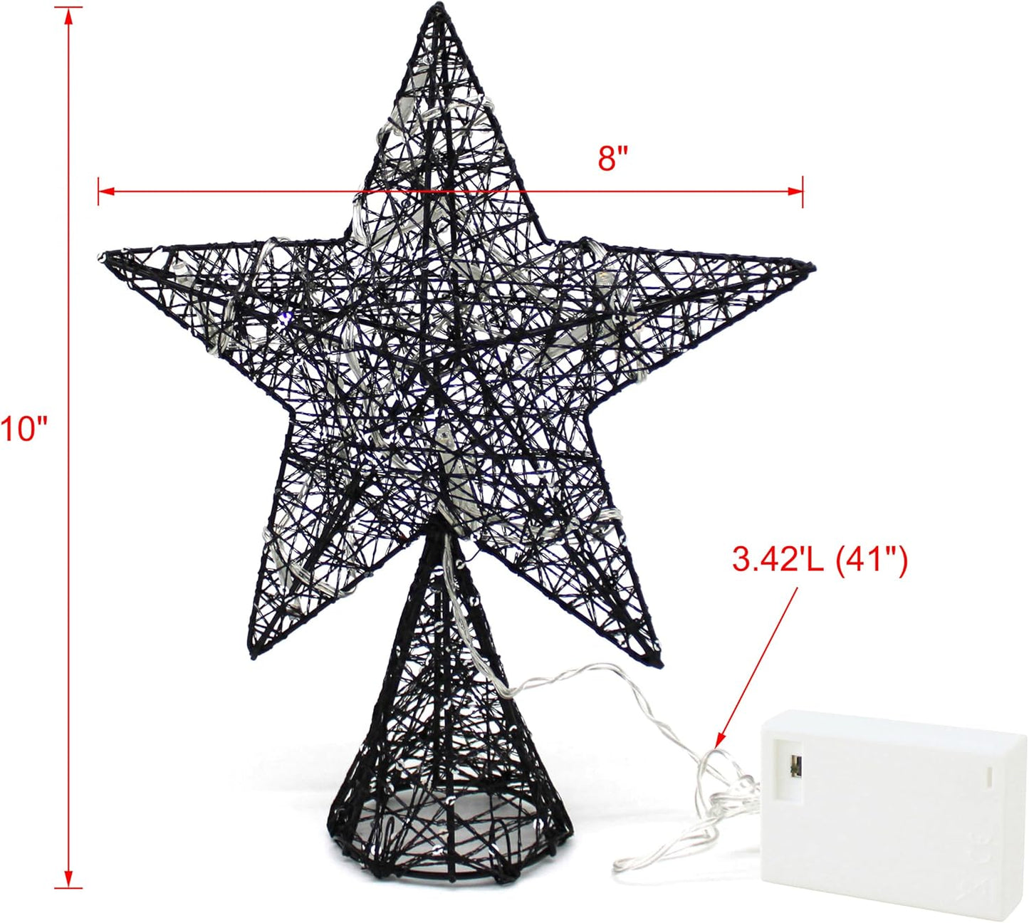 CVHOMEDECO. Black Tree Top Star with Warm White LED Lights and Timer for Christmas Tree Toppper Ornaments and Holiday Seasonal Décor, 8 x 10 Inch