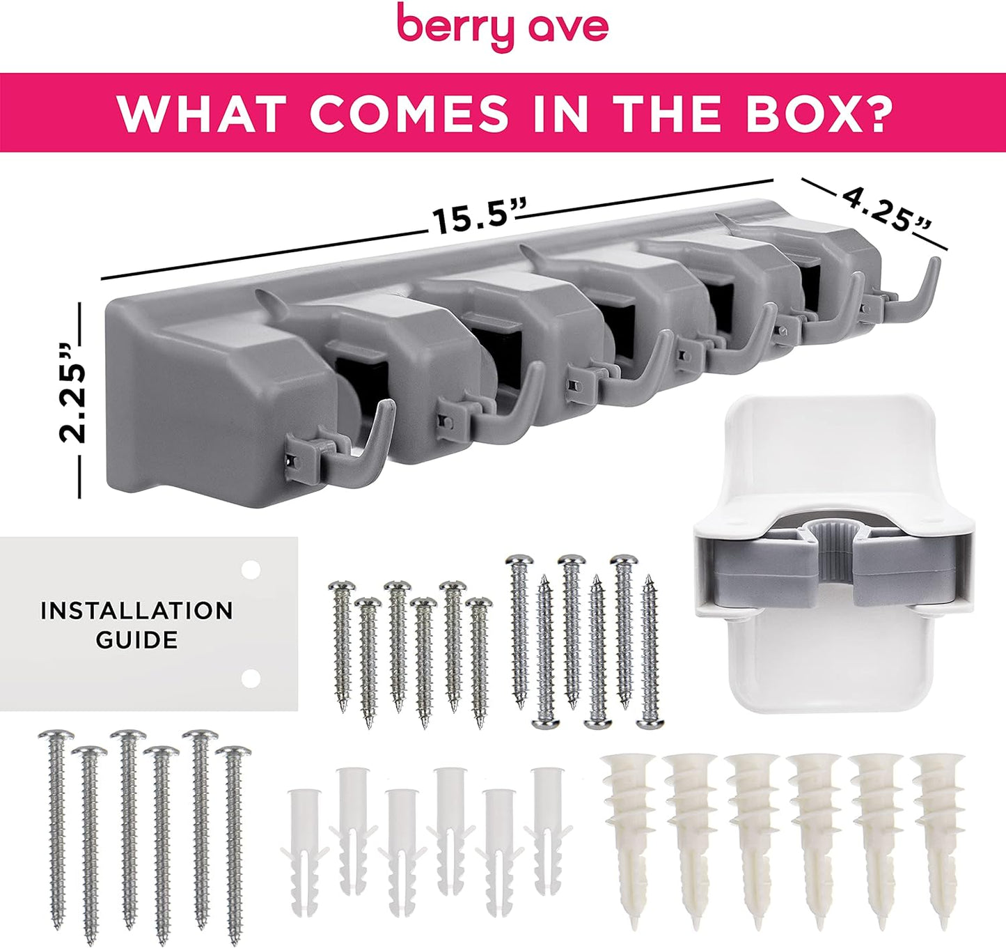 Combo 5 Slot Broom Holder w/ 1 Self Adhesive Mop Gripper No-Drilling, Wall Mount Tool Organizers For Kitchen, Garage, Laundry Room- Anti-Slip Hanger For Brooms, Mops, Rakes, Dustpans (Grey / White)