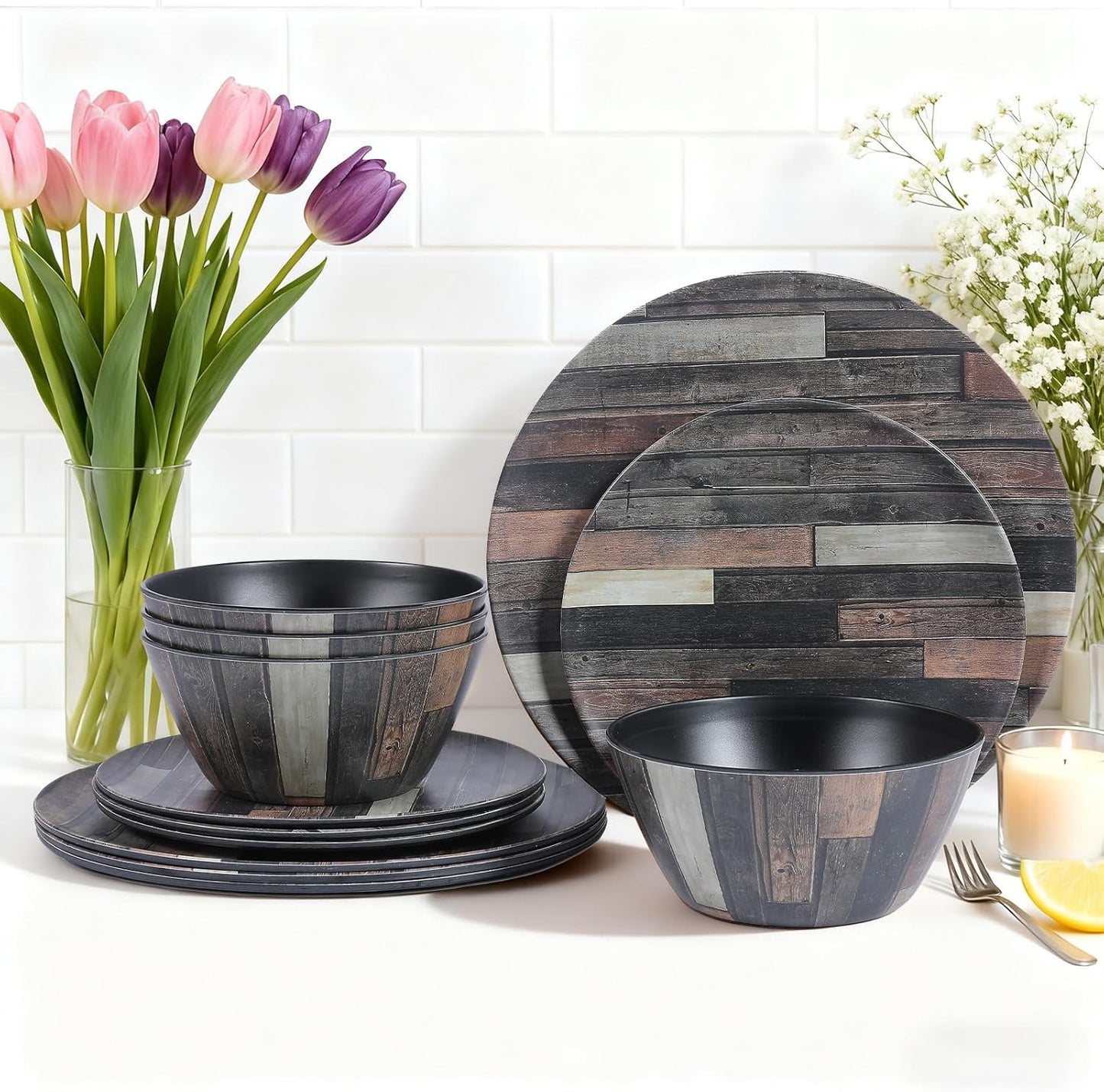 Webbylee Melamine Dinnerware Sets 12 Piece Wood Grain - Unbreakable Plates and Bowls, Lightweight Heavy Duty, Dishwasher Safe for Outdoor Camping Party Indoor Gift