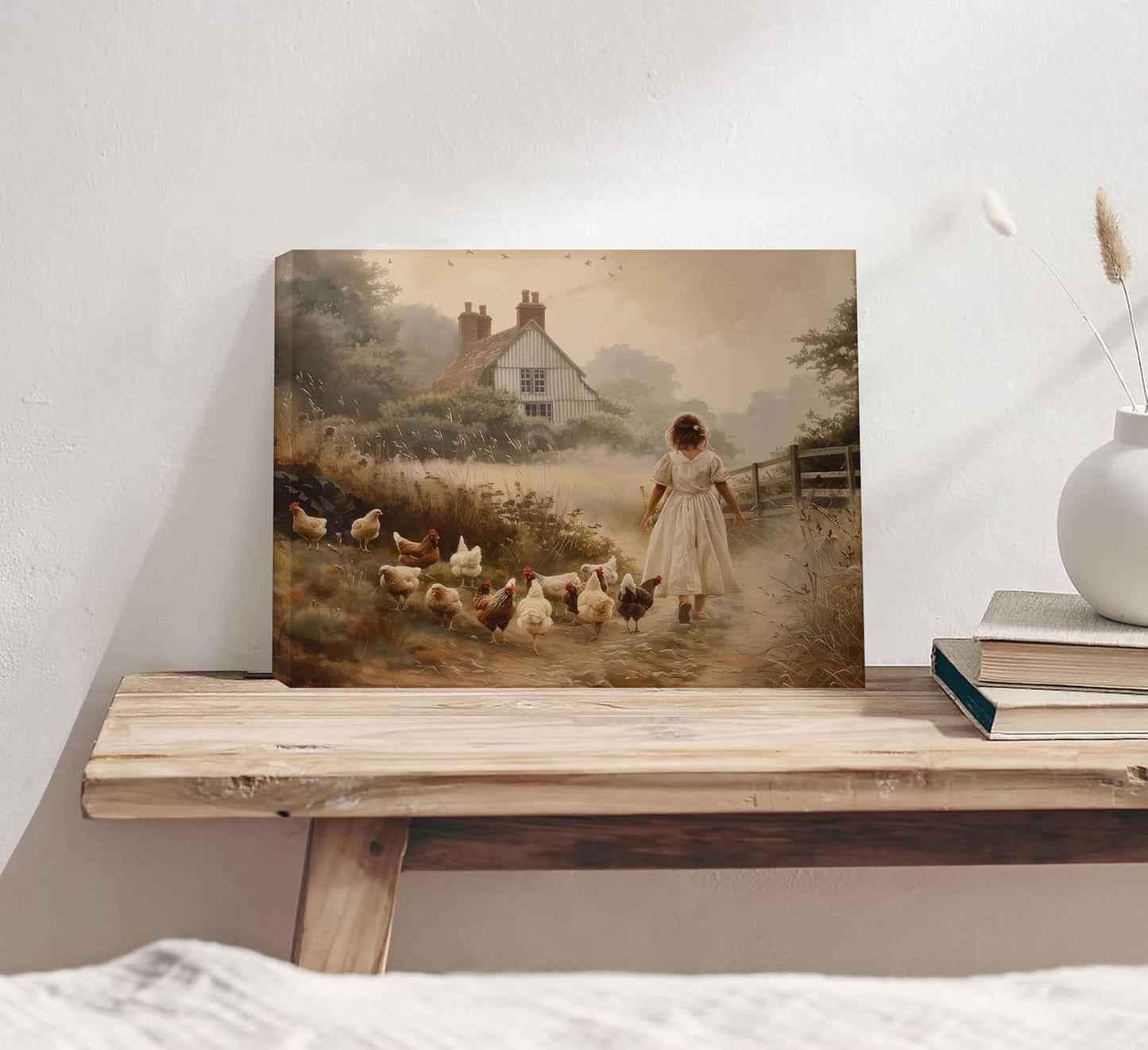 Girl Farmhouse Wall Art Chicken Farm Canvas Rustic Country Poster Brown Chickens Picture Vintage Countryside Female Print Artwork Painting Farm House Wall Decor For Bedroom Living Room Framed