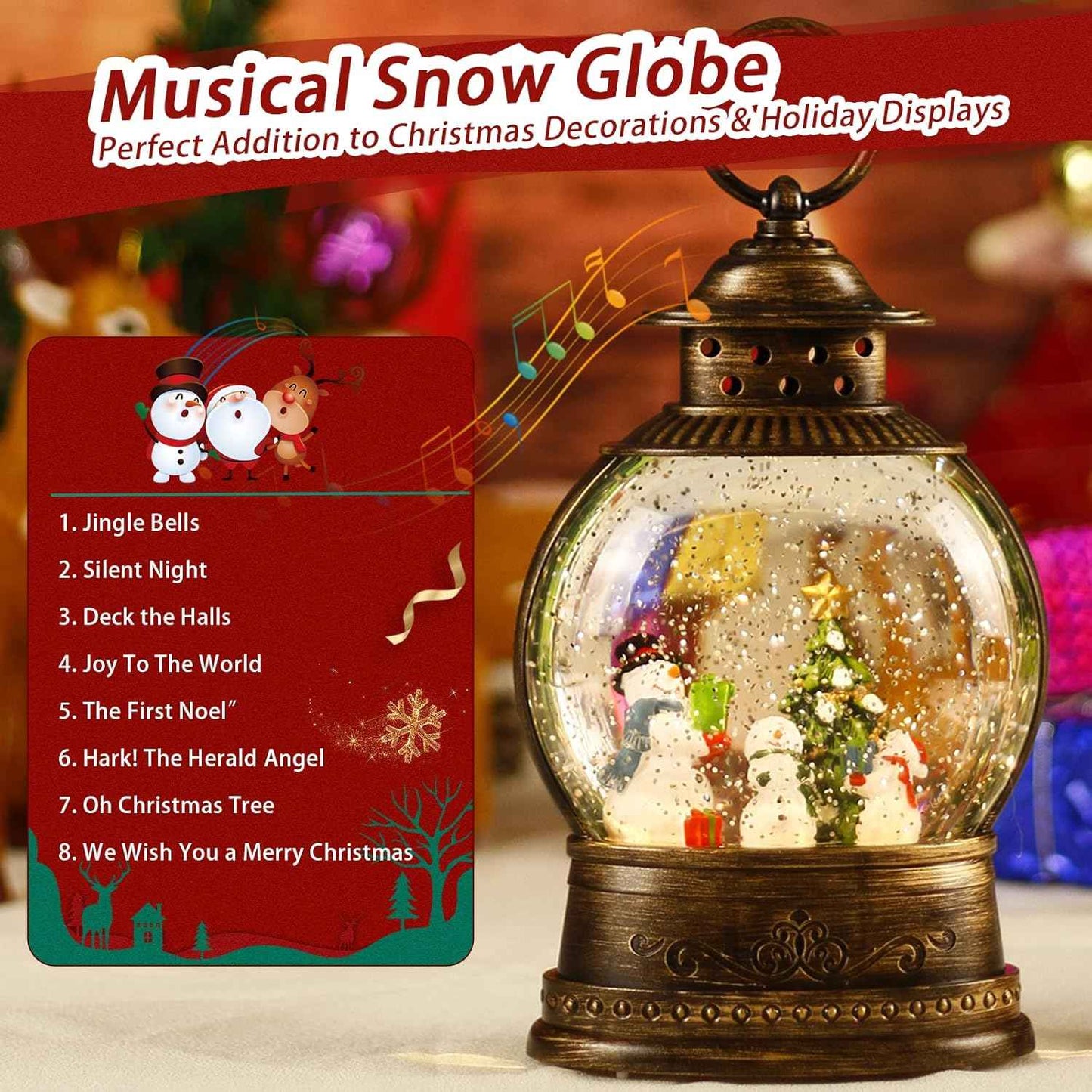 Christmas Snow Globe Lantern, Musical Lighted Snowman and Tree Snow Globes with 6H Timer, Battery & USB Operated Spinning and Swirling Glitter Snow Globes Christmas Decorations
