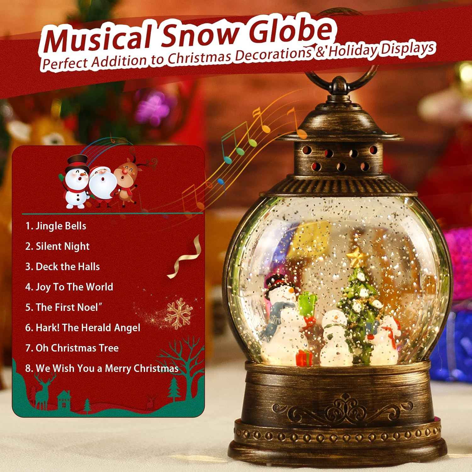 Christmas Snow Globe Lantern, Musical Lighted Snowman and Tree Snow Globes with 6H Timer, Battery & USB Operated Spinning and Swirling Glitter Snow Globes Christmas Decorations