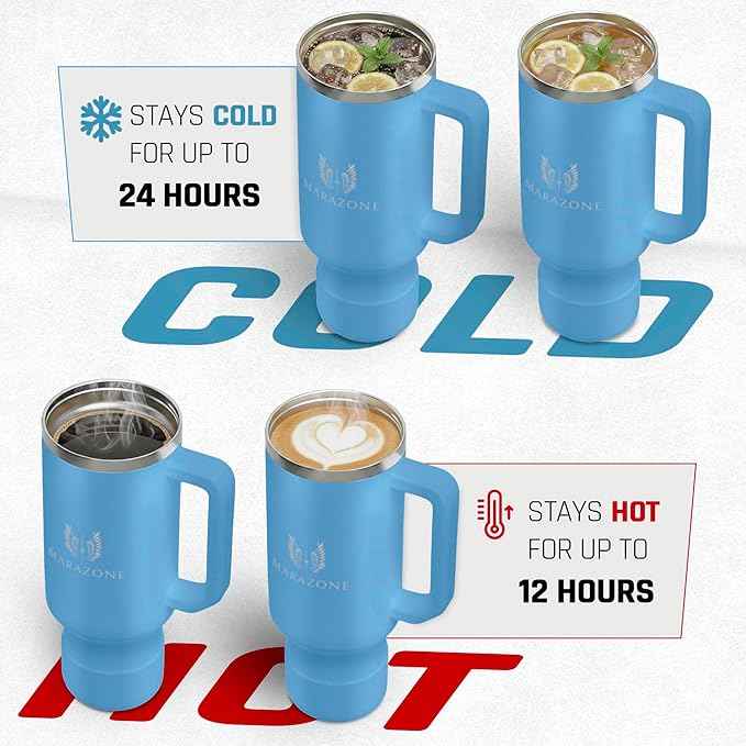 MARAZONE 40oz Stainless Steel Travel Tumbler with Handle, Three-Position Lid, Straw with Silicone Tip, Vacuum Insulated Water Bottle for Hot & Cold Drinks, Great Gifts for Mom, Sky Blue