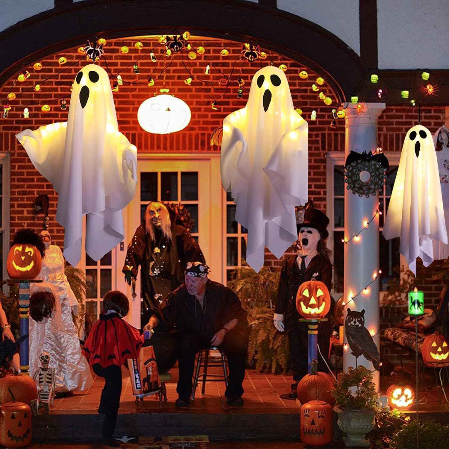 3Packs Halloween Light Up Hanging Ghost Halloween Ghost Decorations with LED Light Spooky Ghost Ornaments for Home Tree Garden Yard Party Décor and Holiday Decorations(White)