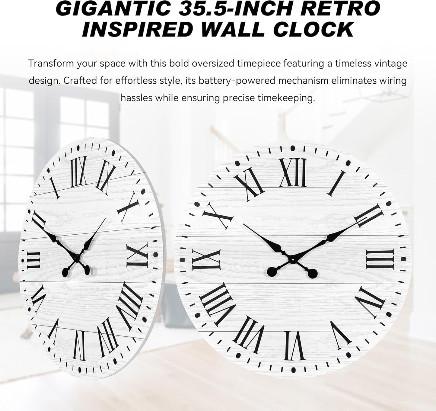Large Wall Clock with Roman Numeral, 35.5” Shiplap Wall Clock Farmhouse Nearly Non-Ticking, Round Clock for Living Room Decor, Office, Bedroom, Entrance, White