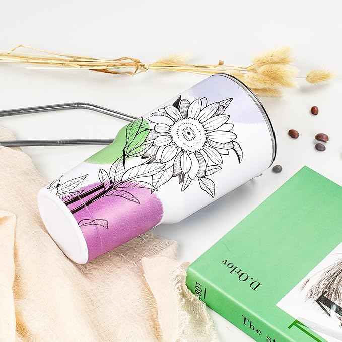 30 oz Tumbler with Lids and Straws Double Wall Insulated Tumbler Cup,Stainless Steel Leak-proof Thermal Coffee Tumbler Powder Coated Travel Mug for Cold and Hot Beverages,Sunflower