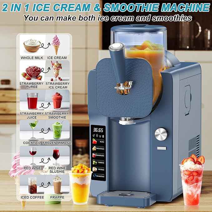 Ice Cream Maker, Slushie Machine for Home, Slushy Machine 70 oz Margarita Machine with 6 Preset Programs for Ice Cream, Milkshake, Cocktail, Frappés, 9-Level Adjustable Thickness, Navy Blue