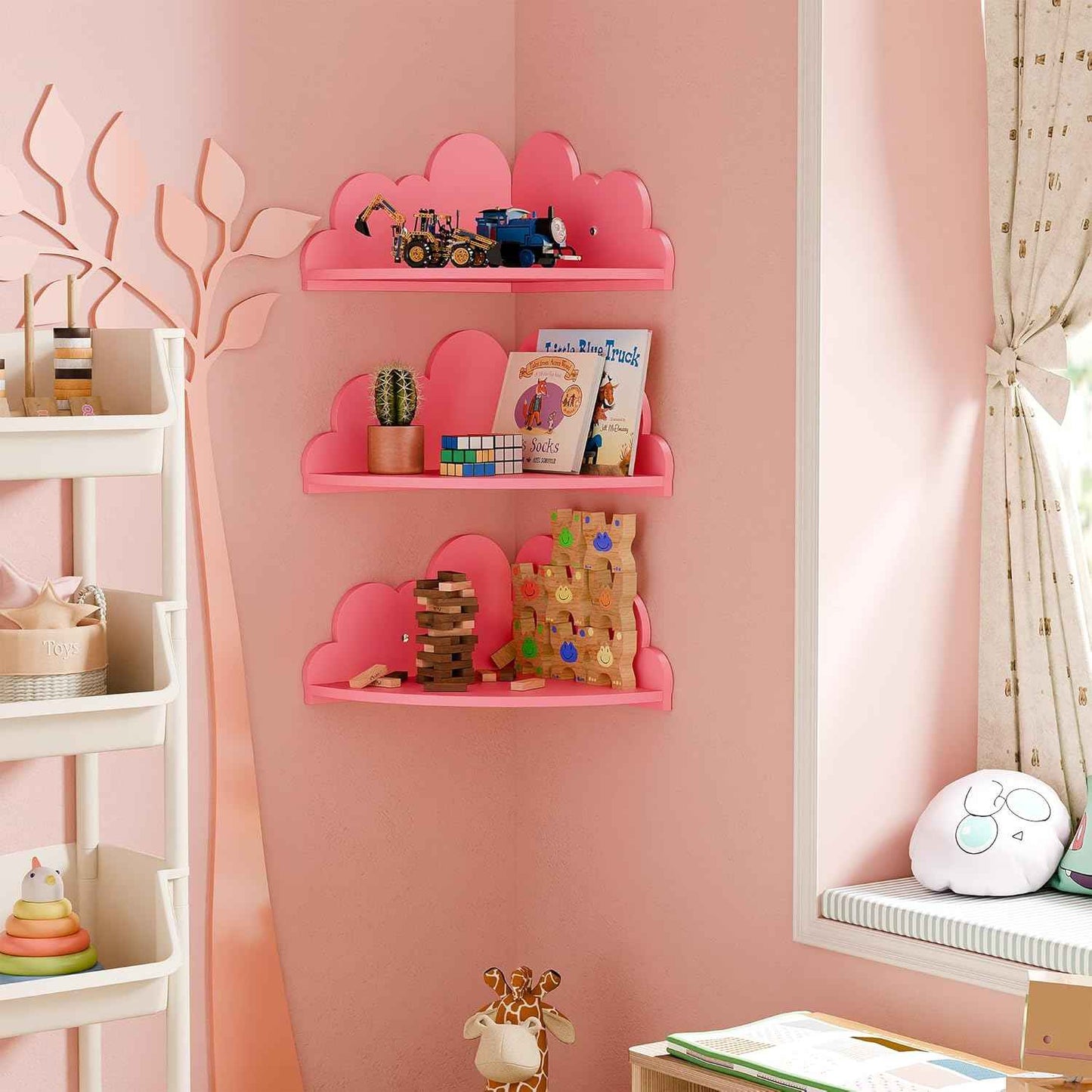 Cloud Floating Corner Shelves - Set of 3 Corner Wall Shelves for Kid’s Room, Corner Shelf Nursery Wall Deor, Small Cute Cloud Dispaly Shelf Wall Mounted for Toys, Plants & Storage,Pink.