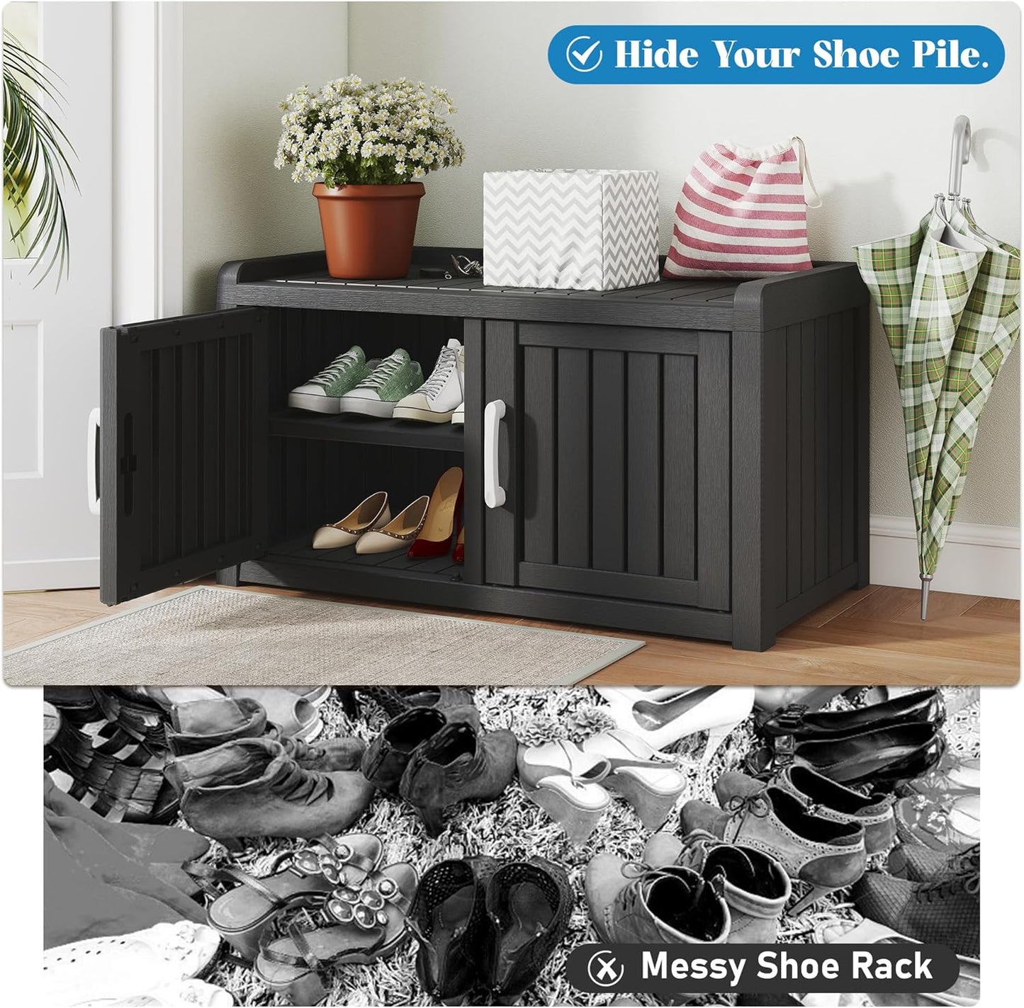 2-Tier Storage Bench, Waterproof UV-Resistant Outdoor Shoe Storage Cabinet with 2 Doors & Adjustable Shelves for Indoor Outdoor Entryway, Hallway, Living Room (Black)