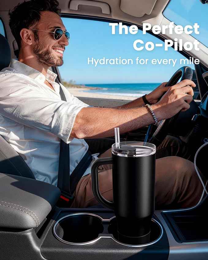 Renoj Insulated Mug 100% Spill Resistant Insulated Water Bottle for Iced Coffee & Hot Drinks - Fits Car Cup Holder, Ideal Gift, 2 Straws & Silicone Boot - FlexSlide White 40 oz