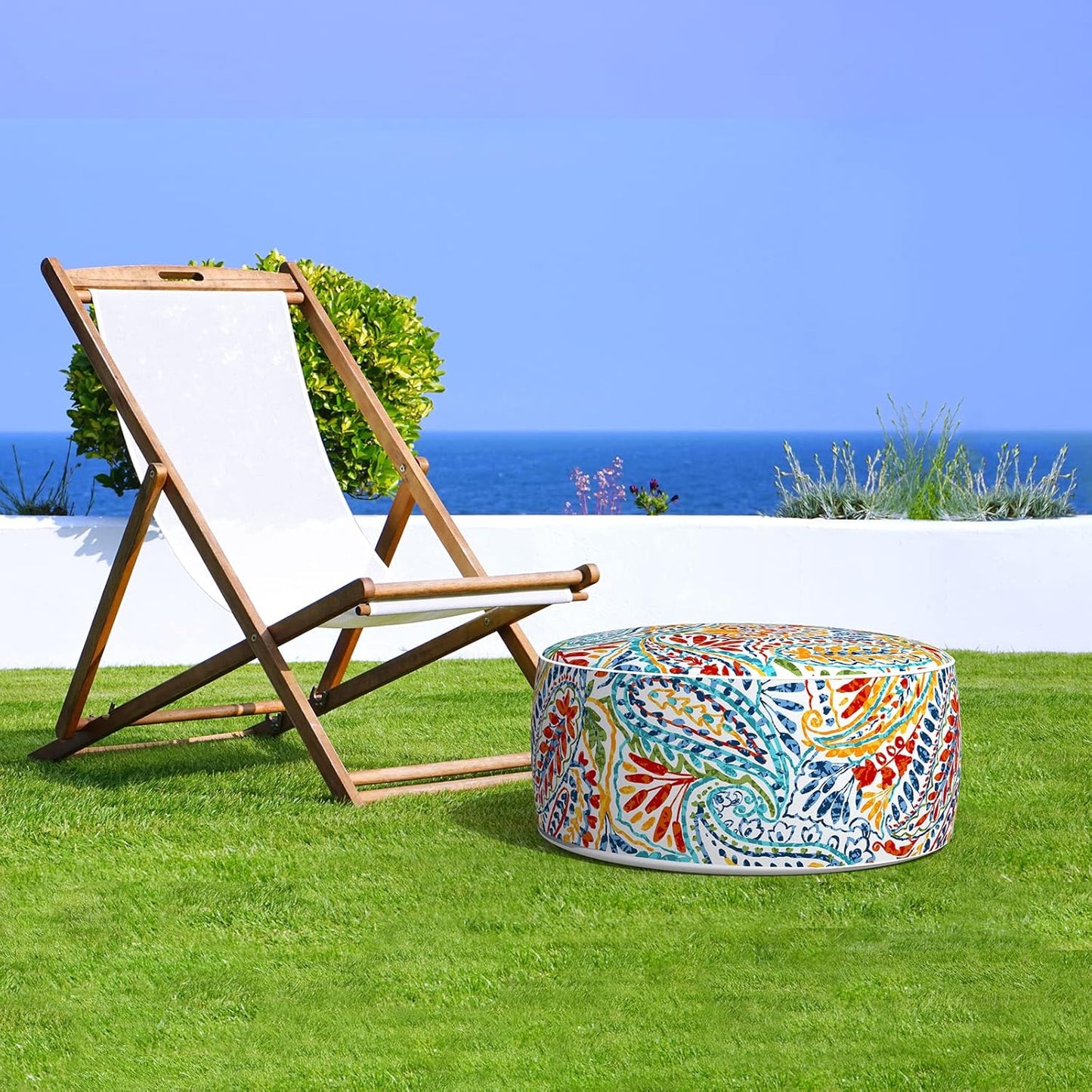 LVTXIII Indoor/Outdoor Inflatable Ottoman, All Weather Round Footrest Stool D21”x H9”, Portable for Patio Garden Camping or Home-Paisley Ummi Multi