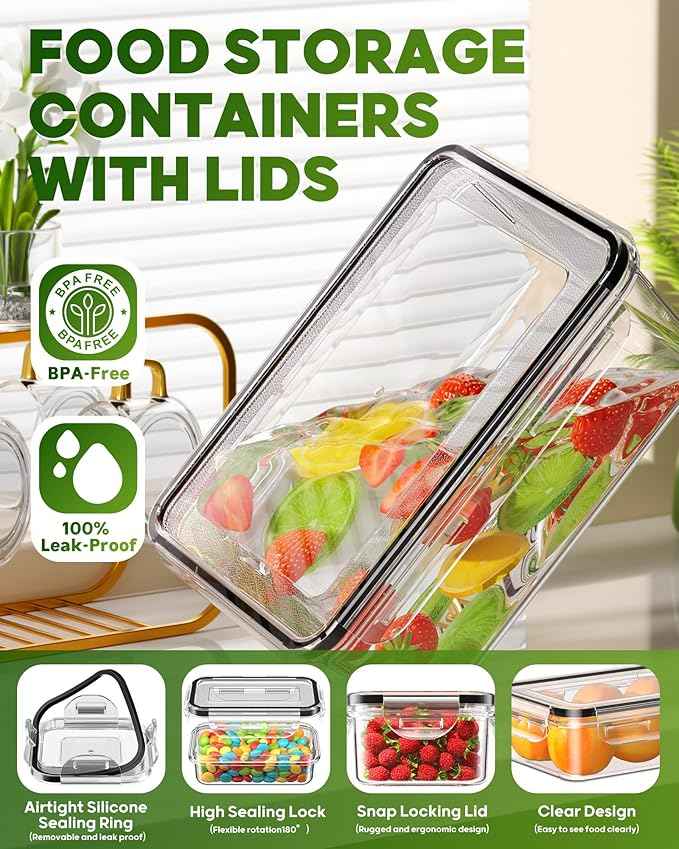KEMETHY 60 PCS Food Storage Containers with Lids, BPA-Free Plastic Food Containers for Kitchen Storage, Leak Proof, Reusable Meal Prep Containers with Labels & Pen