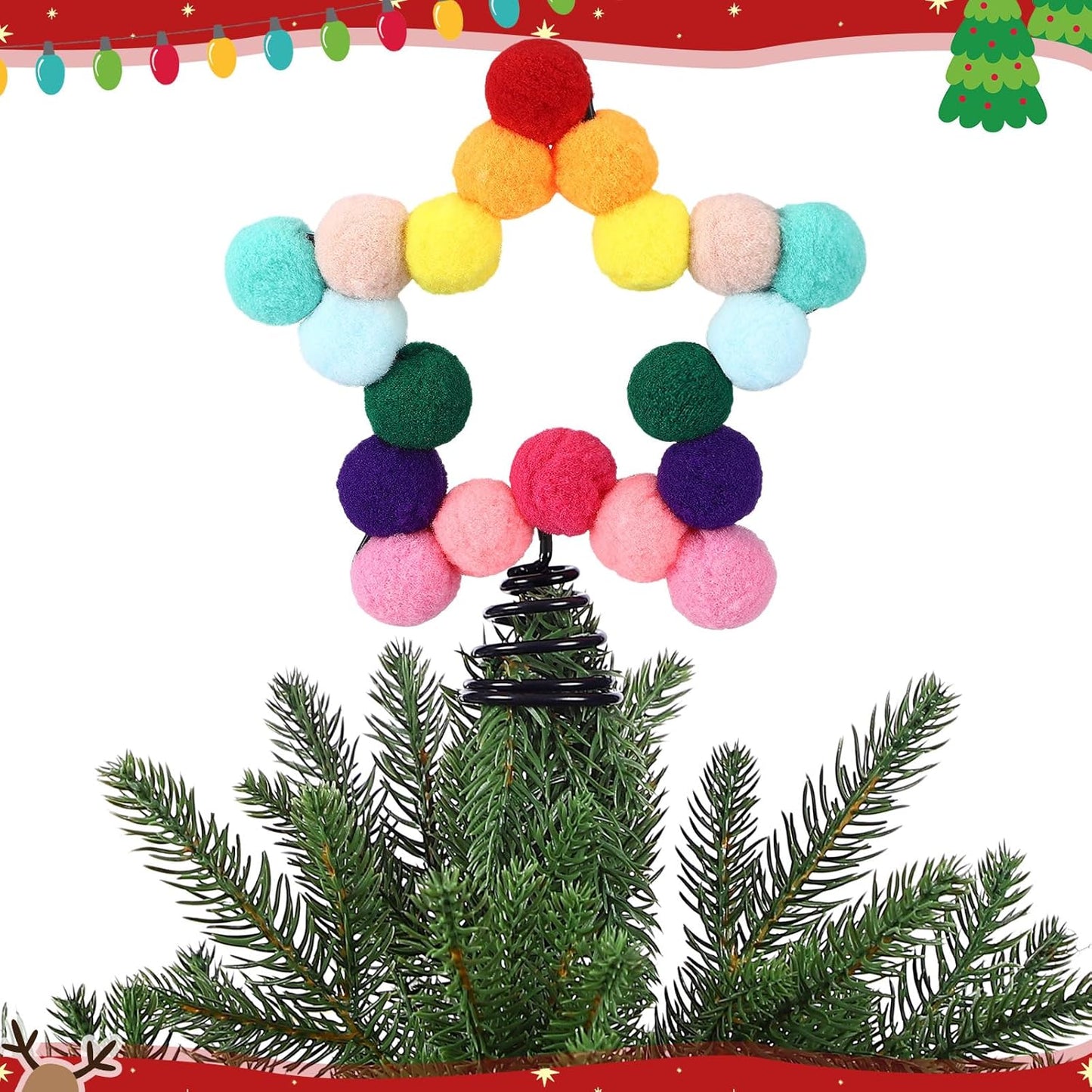 Rainbow Mini Felt Ball Star Christmas Tree Topper Small Colorful Pom Pom Felt Ball 4.7 x 5.9 Inch Tiny Xmas Tree Topper Colorful Five Pointed Star Xmas Ornaments for Decoration