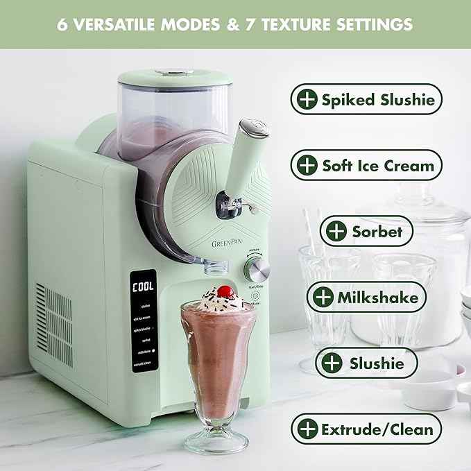 GreenPan Frost Ice Cream Maker & Slushie Machine, Soft Serve, Sorbet, Margaritas, Milkshakes, Frozen Yogurt, No Pre-Freezing, Ready in 15 Mins, 6 Modes, 7 Textures, Self-Cleaning, Family Size, Green