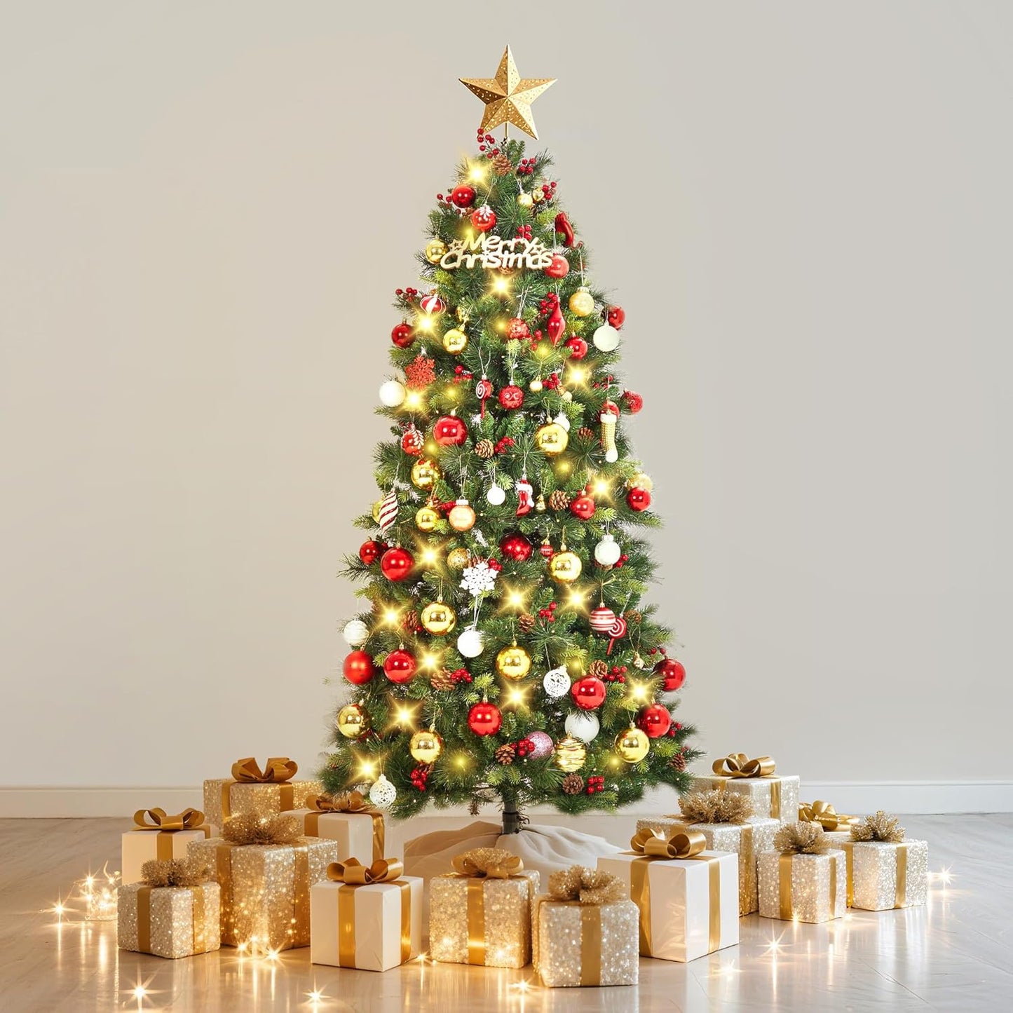 6 Ft Pre-lit Artificial Christmas Tree,Spruce Prelit Christmas Trees for Home,Office,Party Thickened PE&PVC Branch Tips & UL Listed Lights Incandescent Warm White,Fire-Resistant Automatic Branches