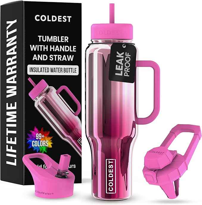 Coldest Tumbler with Handle and Straw - 100% Spill Proof Tumbler with Straw (3 Lids) - Stainless Steel Insulated Leakproof Tumblers for Women & Men - Cup Holder Friendly - 46 oz (Tour De Nova)