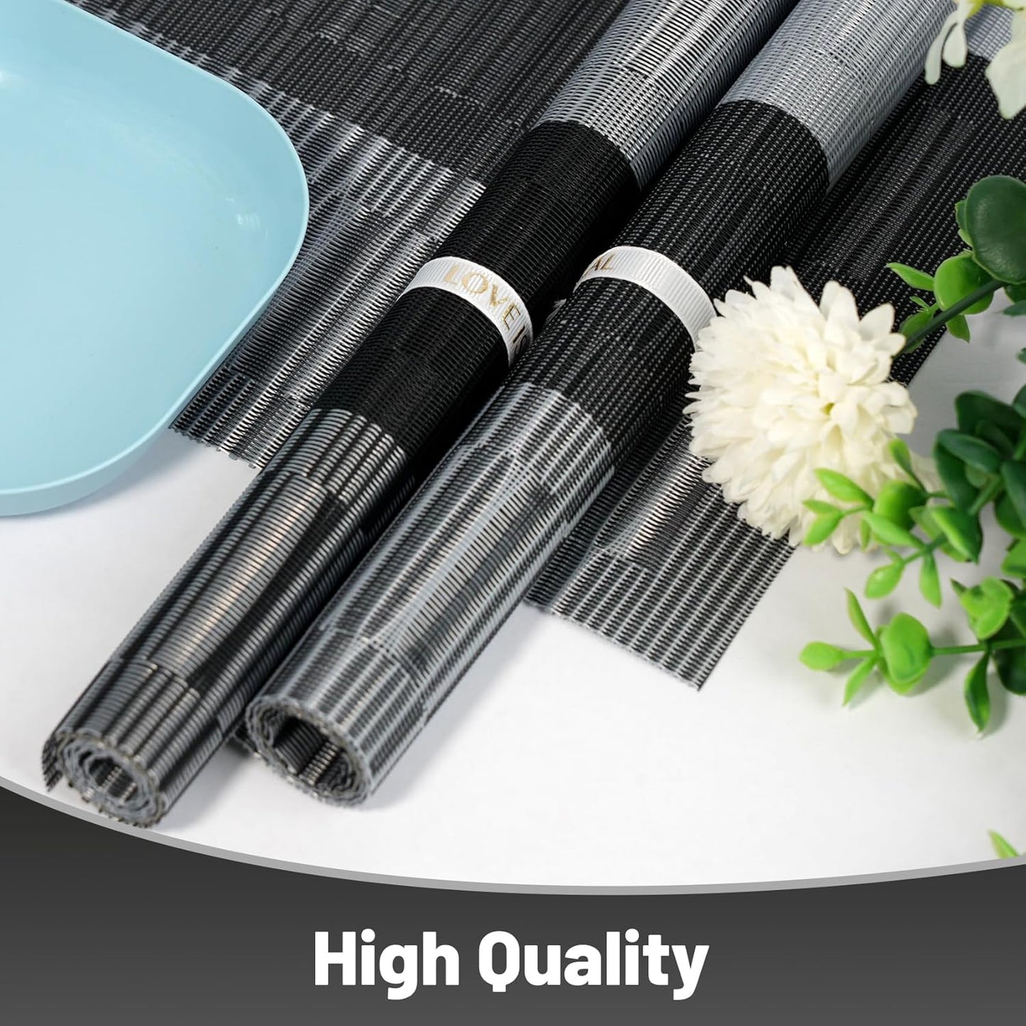 Placemats Set of 6，Non-Slip PVC Weave Table Mats Easy to Clean，Heat Resistant Place Mats for Kitchen Dining Table Decoration Indoor Outdoor，Black Gray