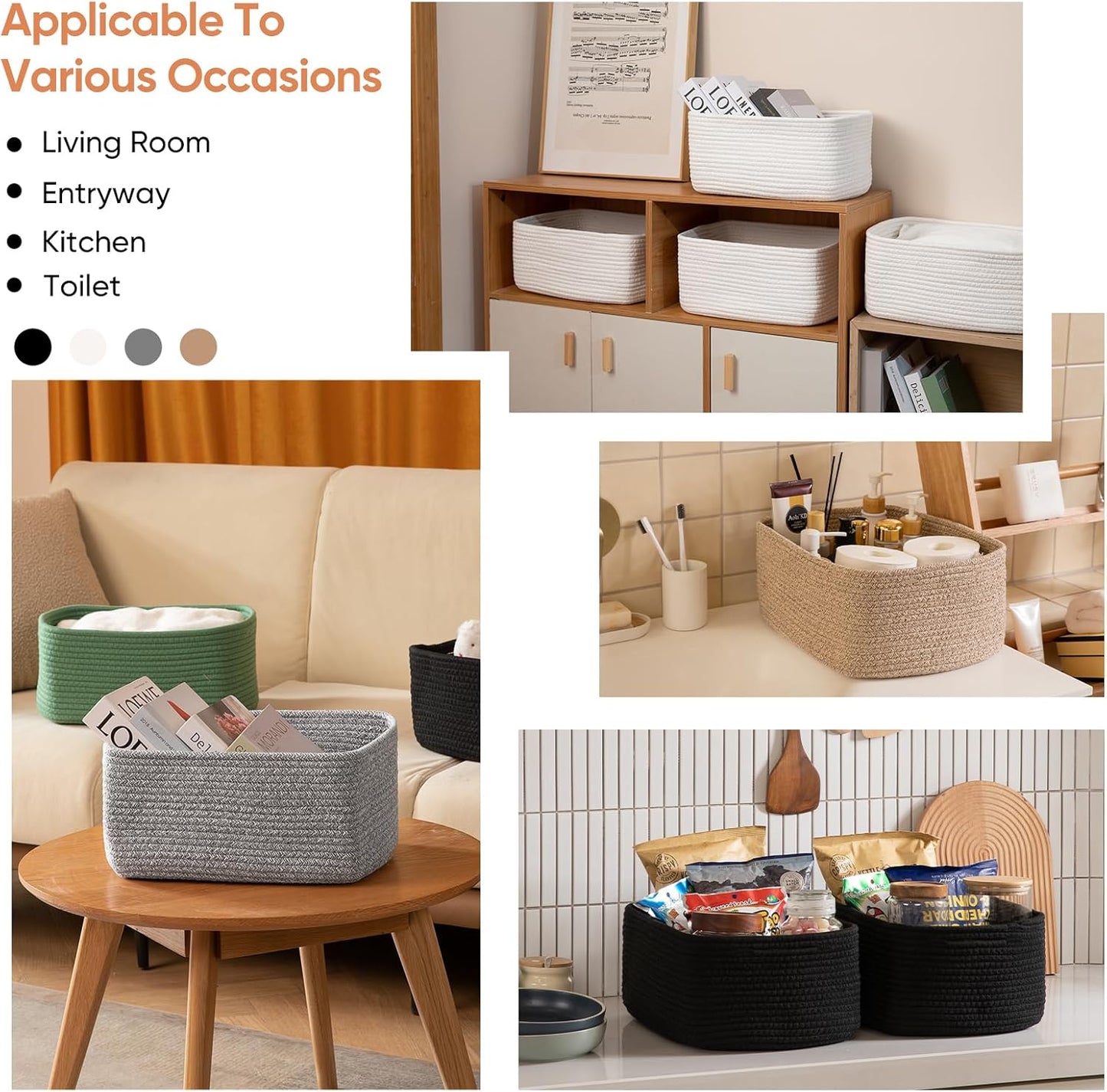 OIAHOMY 4 Pack 14.17*11.02*6.3IN Storage Baskets for Organizing Shelves, Woven Rope Baskets for Organizing Books, Clothes, Decorative Basket for Living Room, Nursery, Bedroom, Gift Basket, Brown