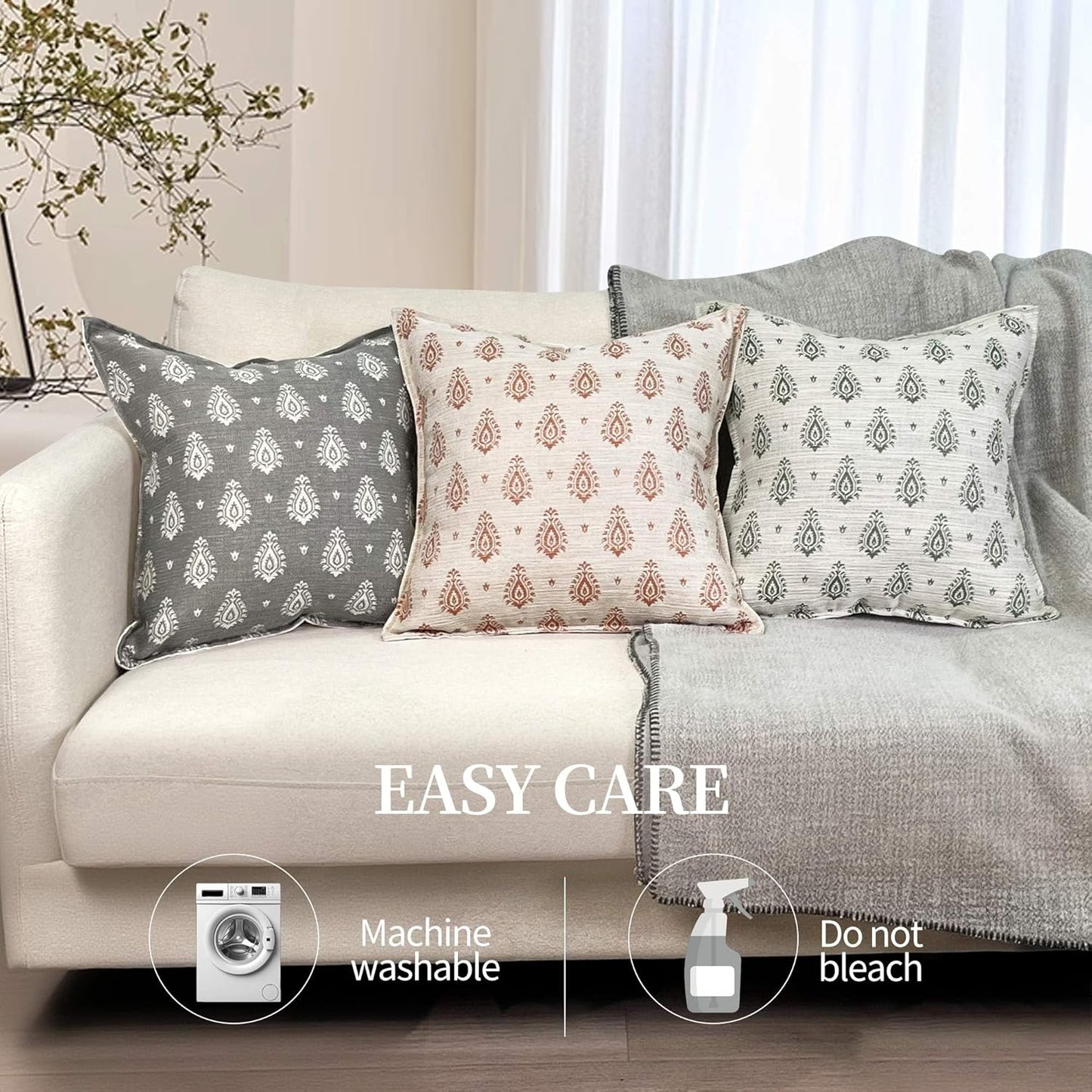 Decorative Vintage Burlap Linen Throw Pillow Covers Pack of 2 Modern Farmhouse Pillowcase Beige Paisley Couch Pillows 20x20 Inch For Sofa Bed Living Room Home Decor