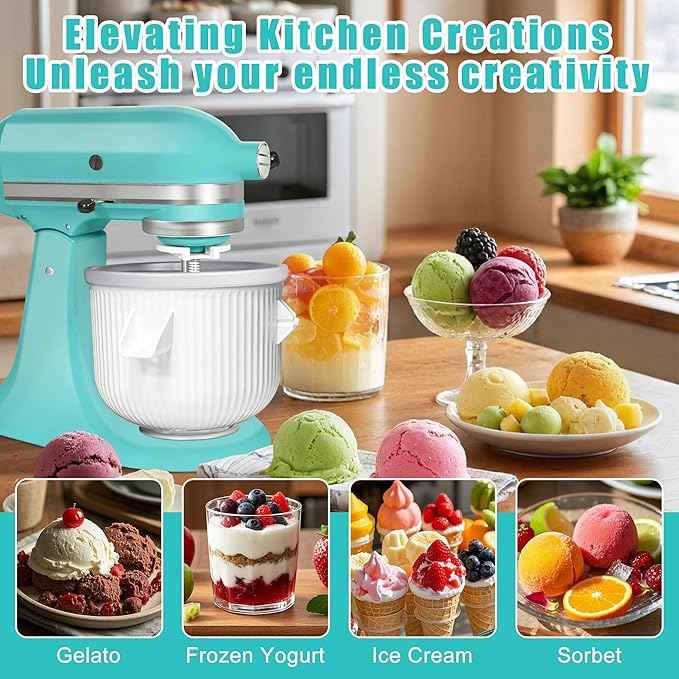 Ice Cream Maker Attachment for KitchenAid Stand Mixer, Kithcen aid Ice Cream Maker Attachment - Compatible with 4.5 QT and Larger Stand Mixers, 2-Quart Frozen Ice Cream Bowl for Homemade Frozen Treats