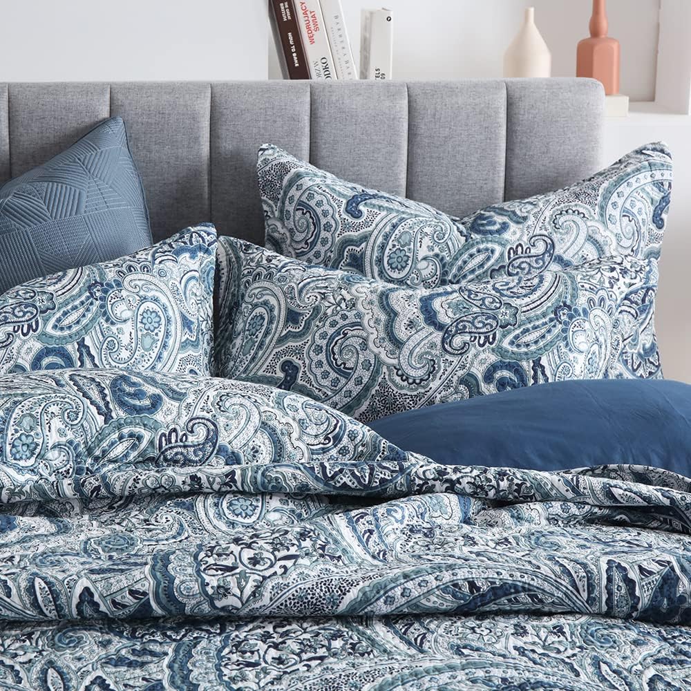 Autumn Dream Cotton Bedspread Quilt Sets, 3 Pieces Reversible Comforter Coverlet Sets,Blue Floral Paisley,Queen Size