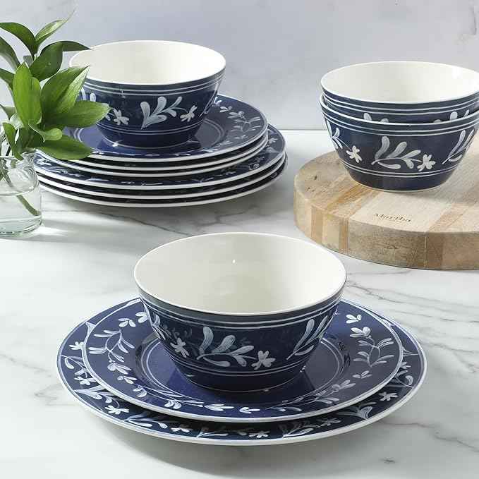 Martha Stewart Dinnerware Set- Maiden Crown 12-Piece Sky Blue Dishes – New Bone China Ceramic Plates & Bowls – Floral Design – Service for 4 – Microwave & Dishwasher Safe