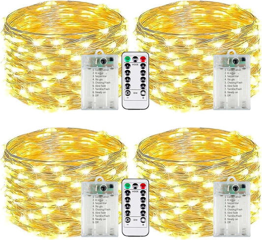4-Pack Fairy Lights Battery Operated with Remote & Timer & 8 Modes, Waterproof 16 FT 50 LED String Lights Outdoor Indoor, Battery Twinkle Lights for Christmas Bedroom Centerpiece Décor (Warm White)