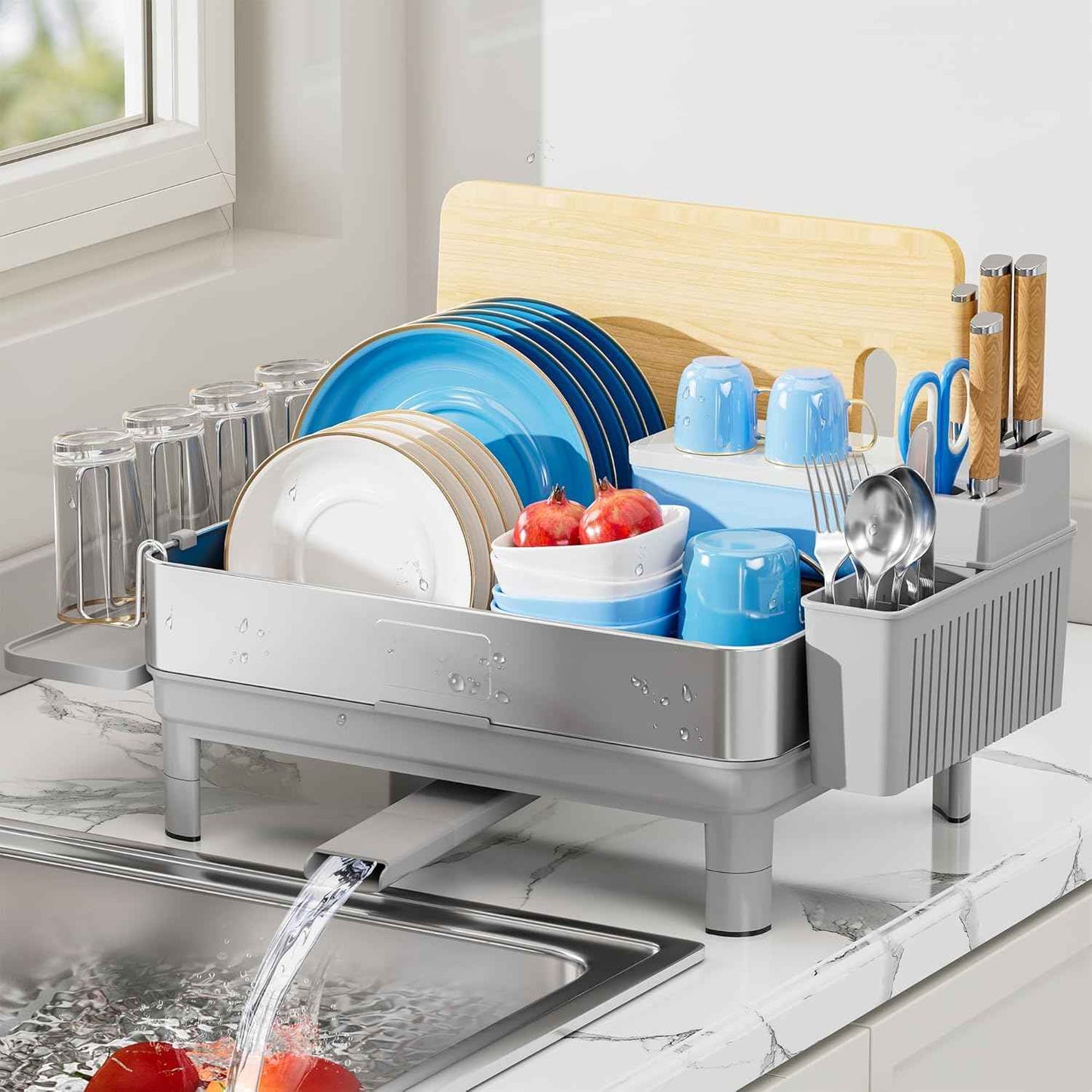 Ewaiira Dish Drying Rack, 304 Stainless Steel Dish Racks for Kitchen Counter, Dish Drainers with Automatic Drainage, Utensil Holder & Cups Holder, Space Saving Kitchen Organizer, Gray