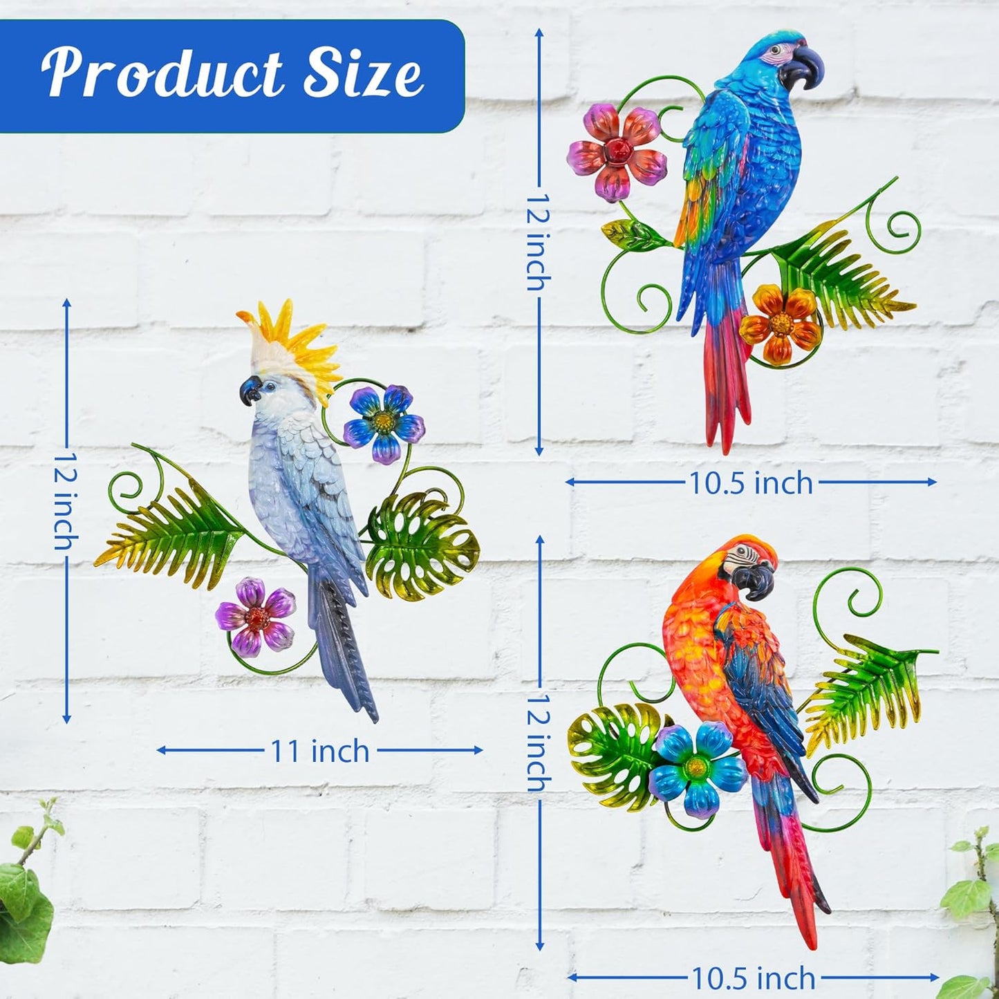J-Fly Metal Parrots Wall Decor Outdoor Decorations for Yard Garden Decor, Metal Wall Art Decor, Patio Decorations Outdoor Bird Wall Decor-12 Inches Parrot Large Hanging Wall Decor 3 Pack
