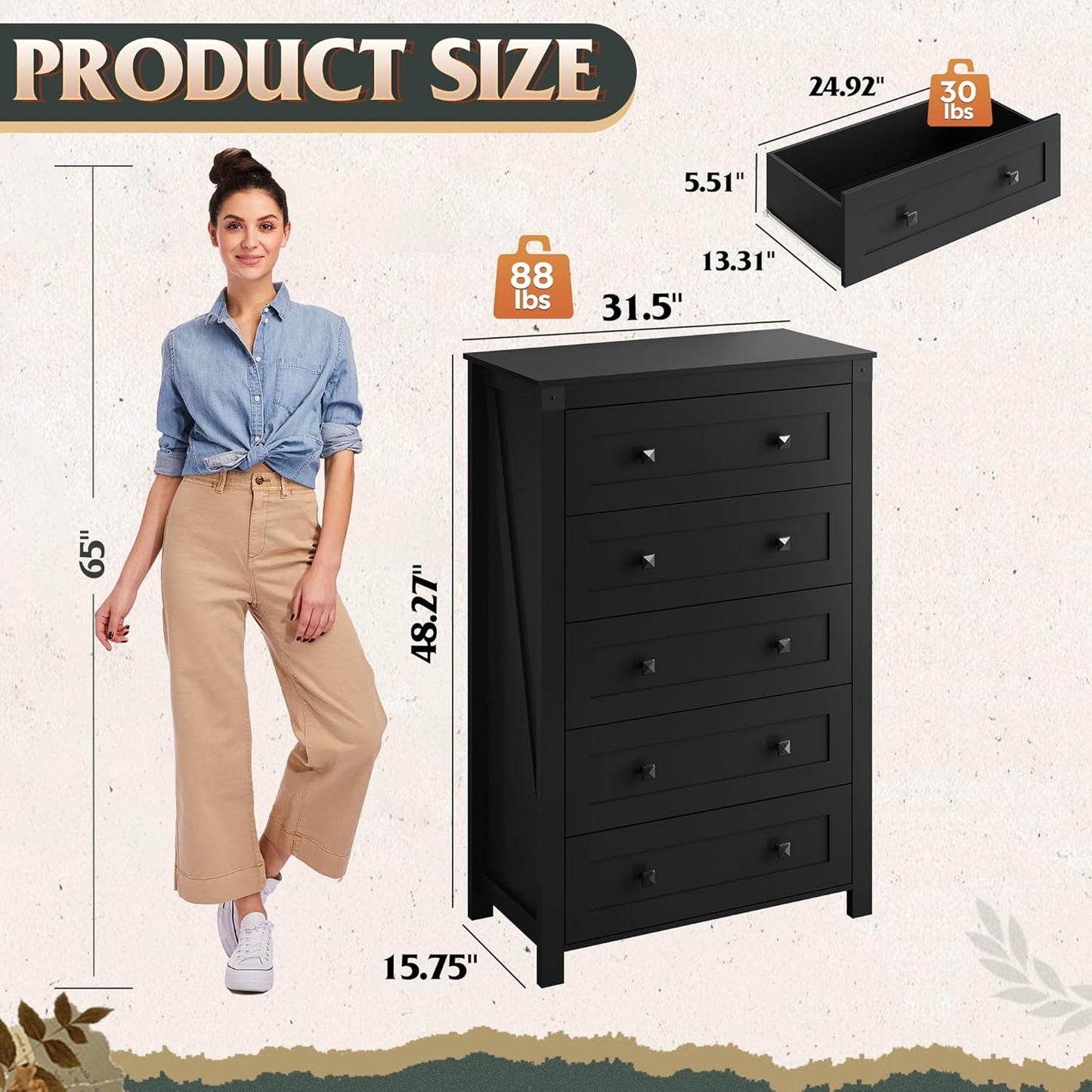 WLIVE Farmhouse 5 Drawer Dresser for Bedroom, Wood Dresser Storage Organizer, Tall Black Dressers with Double Rustic Handle, Chest of Drawers for Living Room, Hallway, Closet