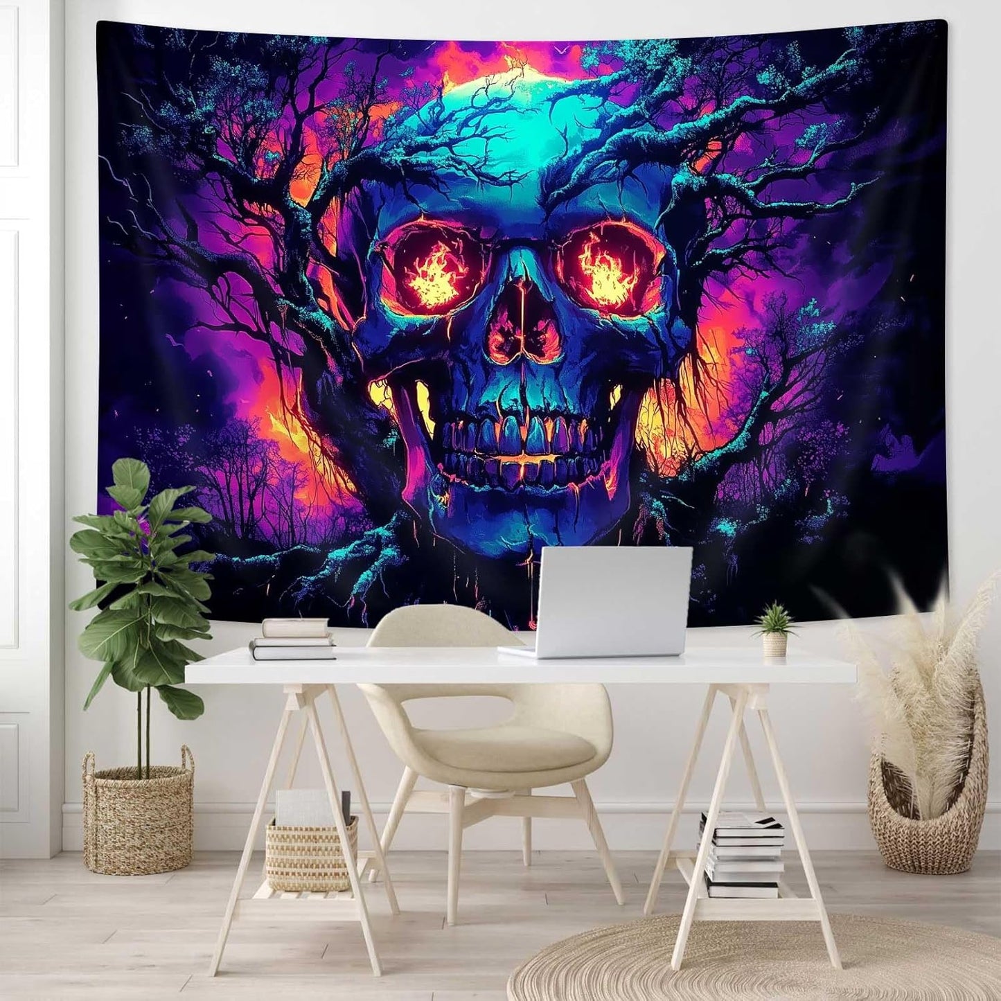 Xiaoput Blacklight Fire Skull Tapestry for Bedroom, Trippy UV Reactive Burning Skeleton Forest Wall Hanging Tapestries, Scary Dark Horror Glow in the Dark Tapestries for Living Room Home Dorm 90X70IN