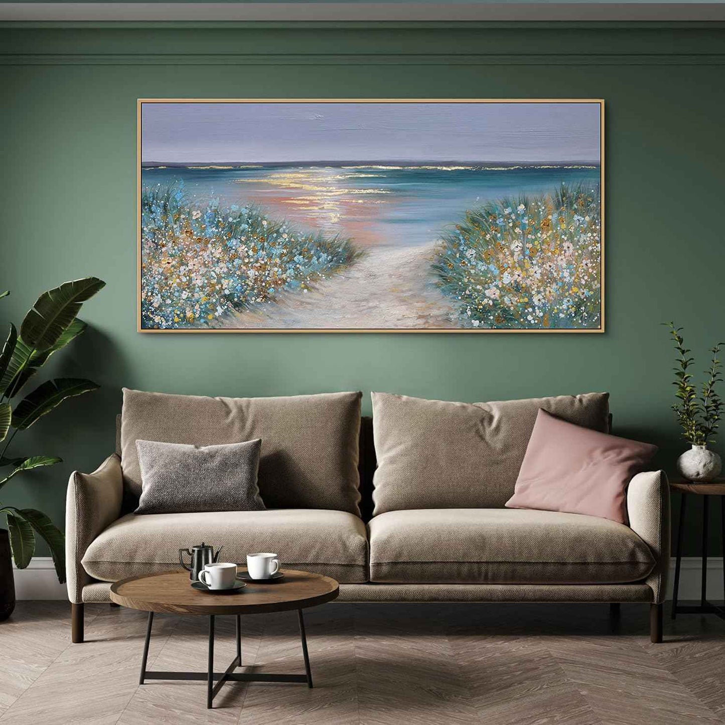 yiijeah Beach Wall Art Large Landscape Canvas Coastal Gold Picture Horizontal Artwork for Walls Ocean Prints Big Paintings Living Room Bedroom Office Home Decor 48x24 Inches