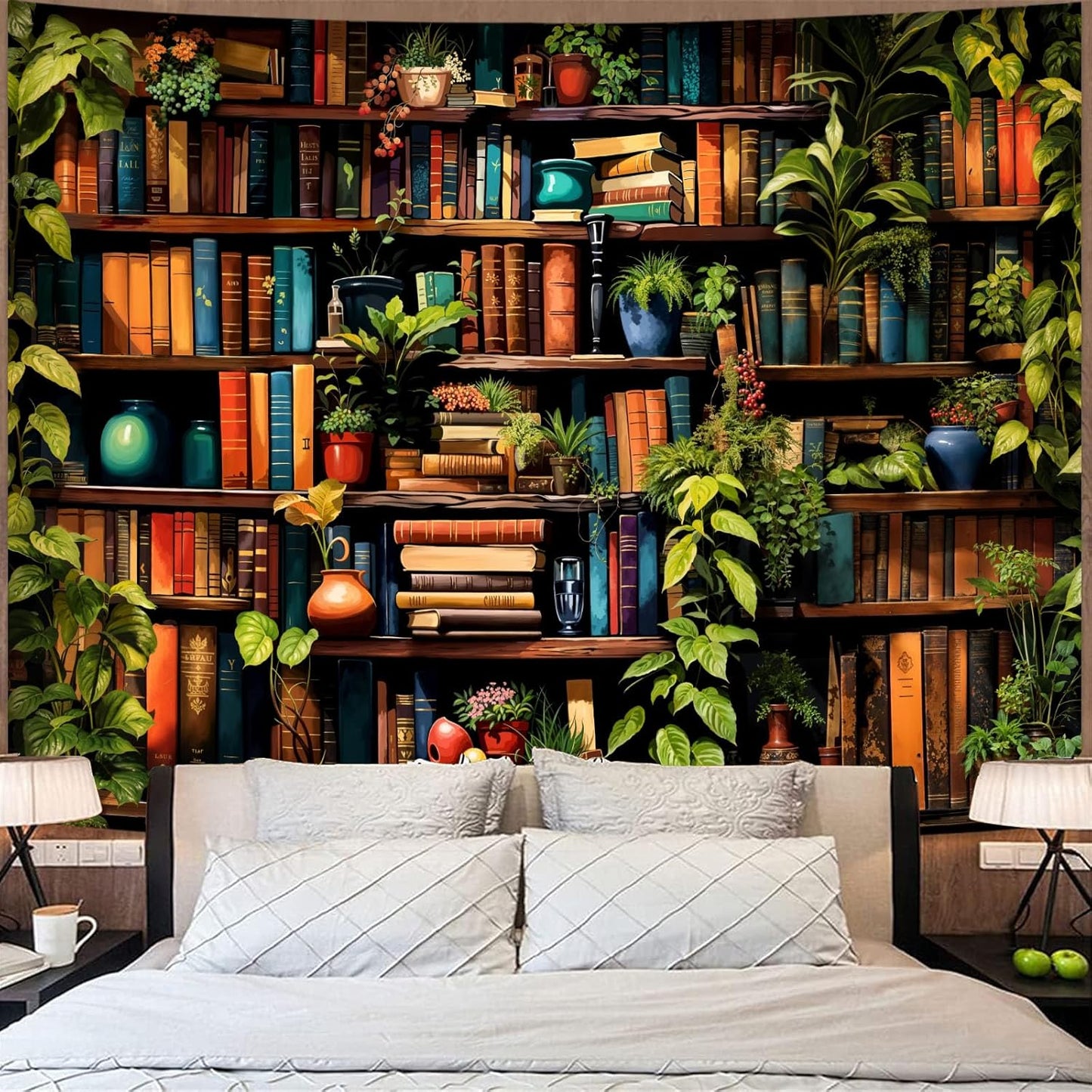 Accnicc Botanical Bookshelf Tapestry Lush Green Plant Book Shelf Tapestries Wall Hanging Art Vintage Retro Potted Plants Academics Small Library Tapestry for Bedroom Living Room Dorm 60 x 44 inch
