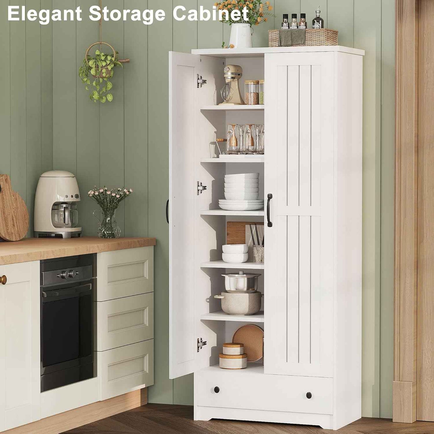 Decofy 70" Tall Storage Cabinets, Large Wood Storage Pantry Cabinet with 6 Adjustable Shelves, 2 Striped Doors & Drawer, Standing Utility Cabinet for Kitchen, Bathroom, Dining Room, Antique (White)
