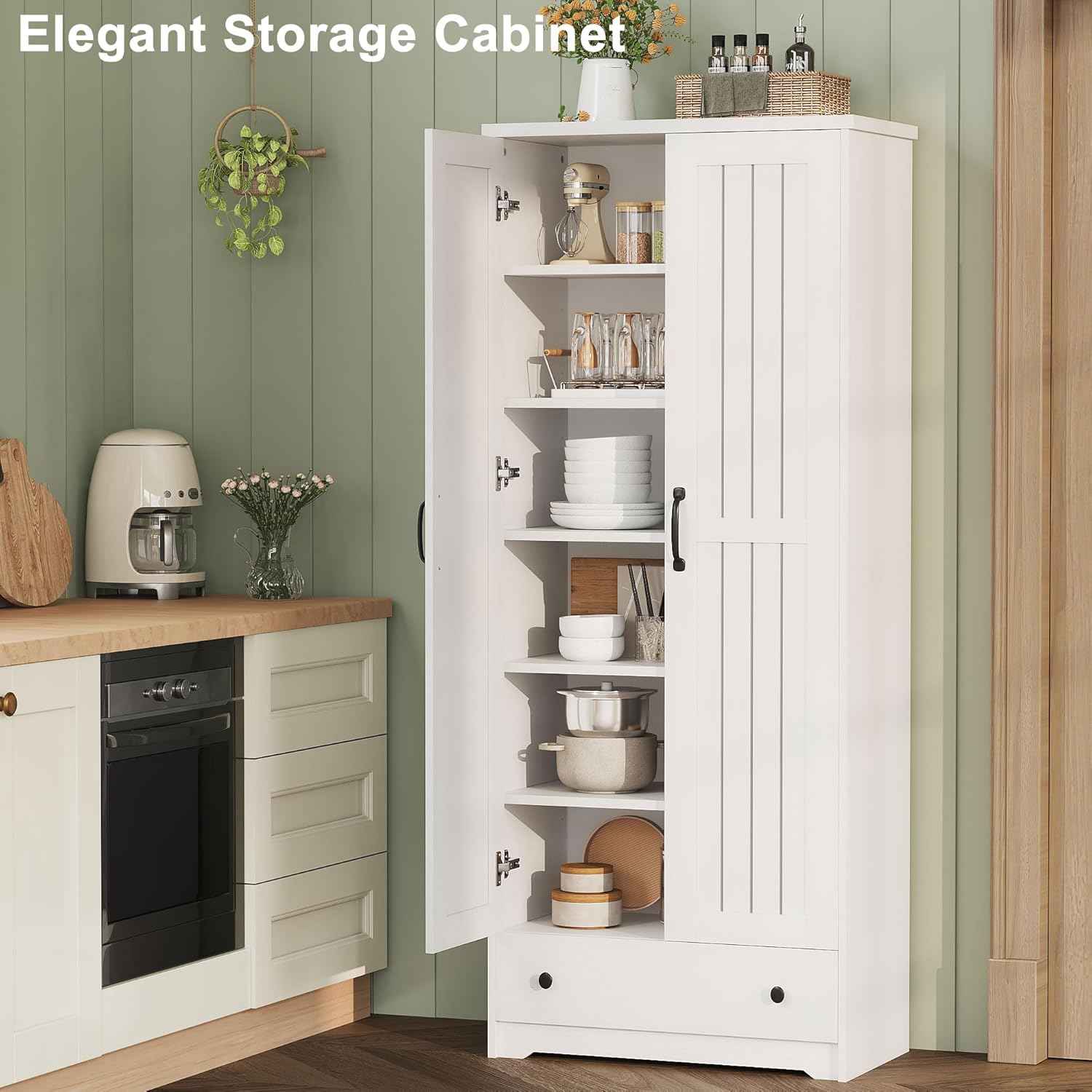 Decofy 70" Tall Storage Cabinets, Large Wood Storage Pantry Cabinet with 6 Adjustable Shelves, 2 Striped Doors & Drawer, Standing Utility Cabinet for Kitchen, Bathroom, Dining Room, Antique (White)