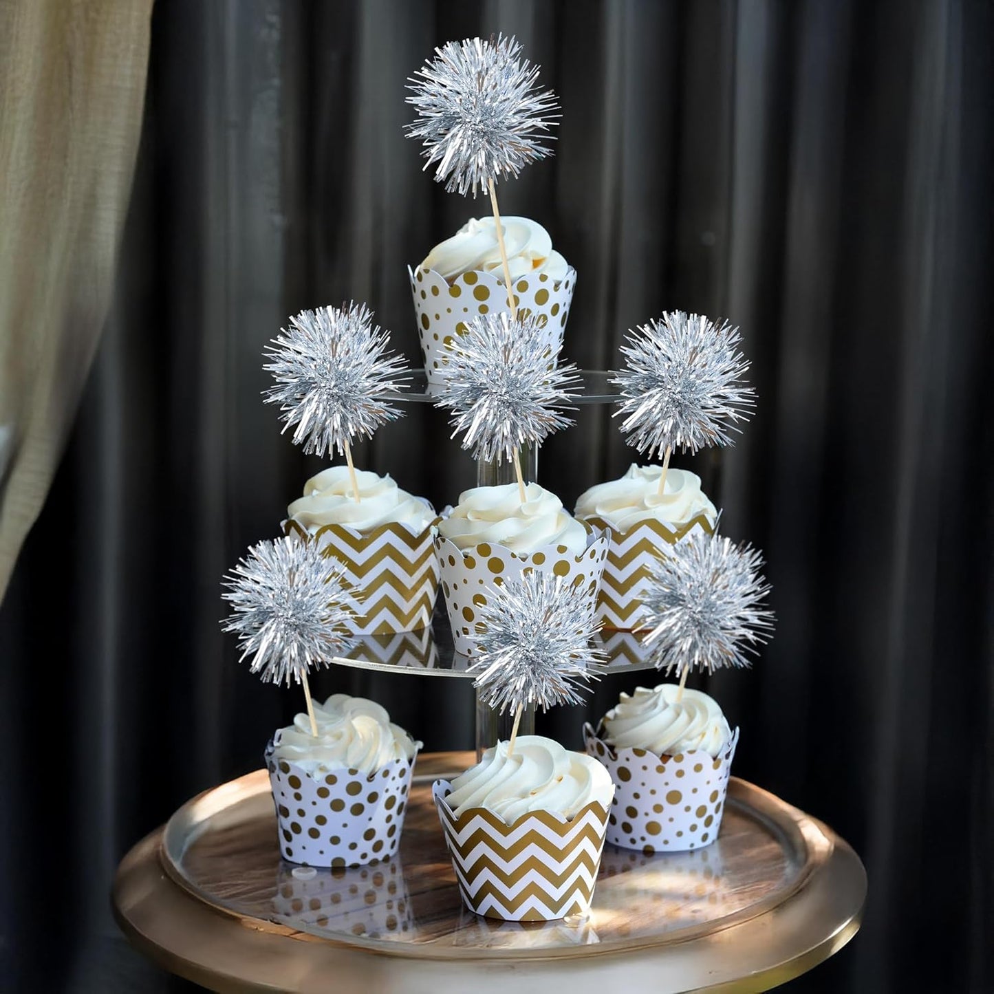 Ephlyn 30Pcs Foil Firework Cupcake Toppers Sparkle Tinsel Cupcake Picks Happy Birthday Cake Toppers Drink Stirrers Cocktail Food Fruit Toothpicks for Baby Shower Birthday Party Supplies Silver