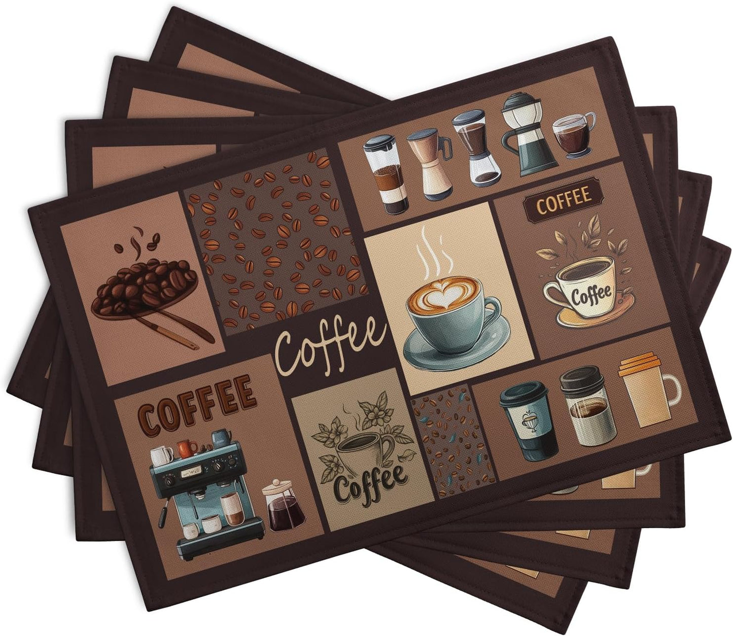 Coffee Theme Placemats Set of 4 Farmhouse Style Brown Linen Fabric Table Mat 12x18 Inch Washable Heat Resistant Non-Slip Place Mats for Home Party Kitchen Dining Decor
