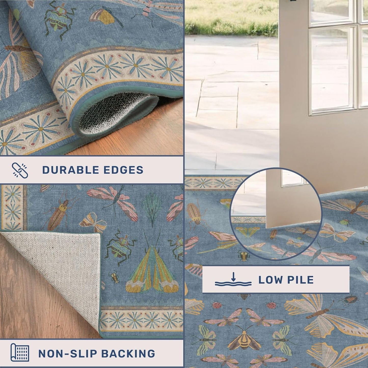 Washable Blue Rugs for Bedroom Bedside - 3x5 Laundry Room Rug for Large Kitchen, Entrance Indoor, Boho Insect Print Bug Décor, Non Slip Low Pile Fade Resistant