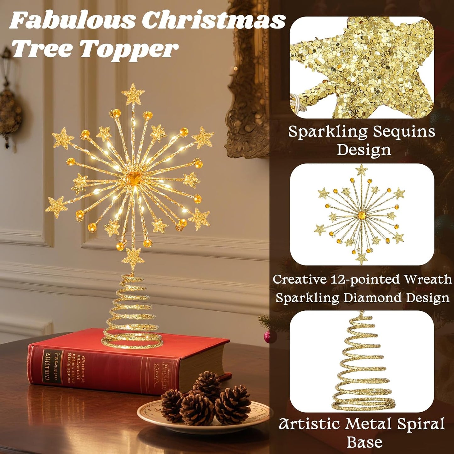 Lewondr Christmas Tree Topper, 13'' Metal Twinkly Xmas Starburst Tree Topper with 20 LED Bulbs, USB Powered Lighted Star Treetop for Christmas Ornaments, Remote Control, 6H Timer, 8 Light Modes, Gold