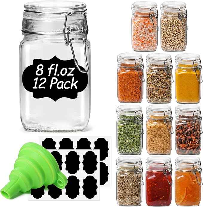 ComSaf Set of 12 Square Glass Jars with Airtight Lids (8 Oz), Pantry Canisters for Spices, Jams, & Herbs, Wire Clamp Jar for Overnight Oats, Pickling, Favors, Includes Labels & Funnel