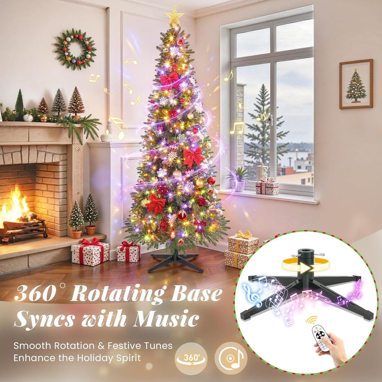 7.5ft Slim Pencil Christmas Tree Pre-lit, Remote Control, Rotating & Foldable Stand, RGB & Warm White Light for Home Decor