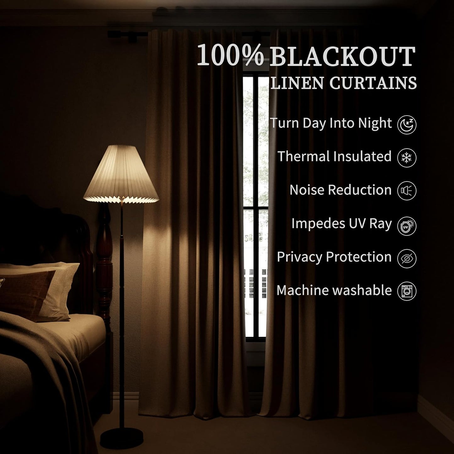 BOODII 100% Blackout Curtains for Bedroom 95 Inch Length 2 Panels Set Room Darkening Linen Curtains Light Brown Black Out Curtain Neutral Thermal Insulated Living Room Nursery Drapes Back Tab 52x95