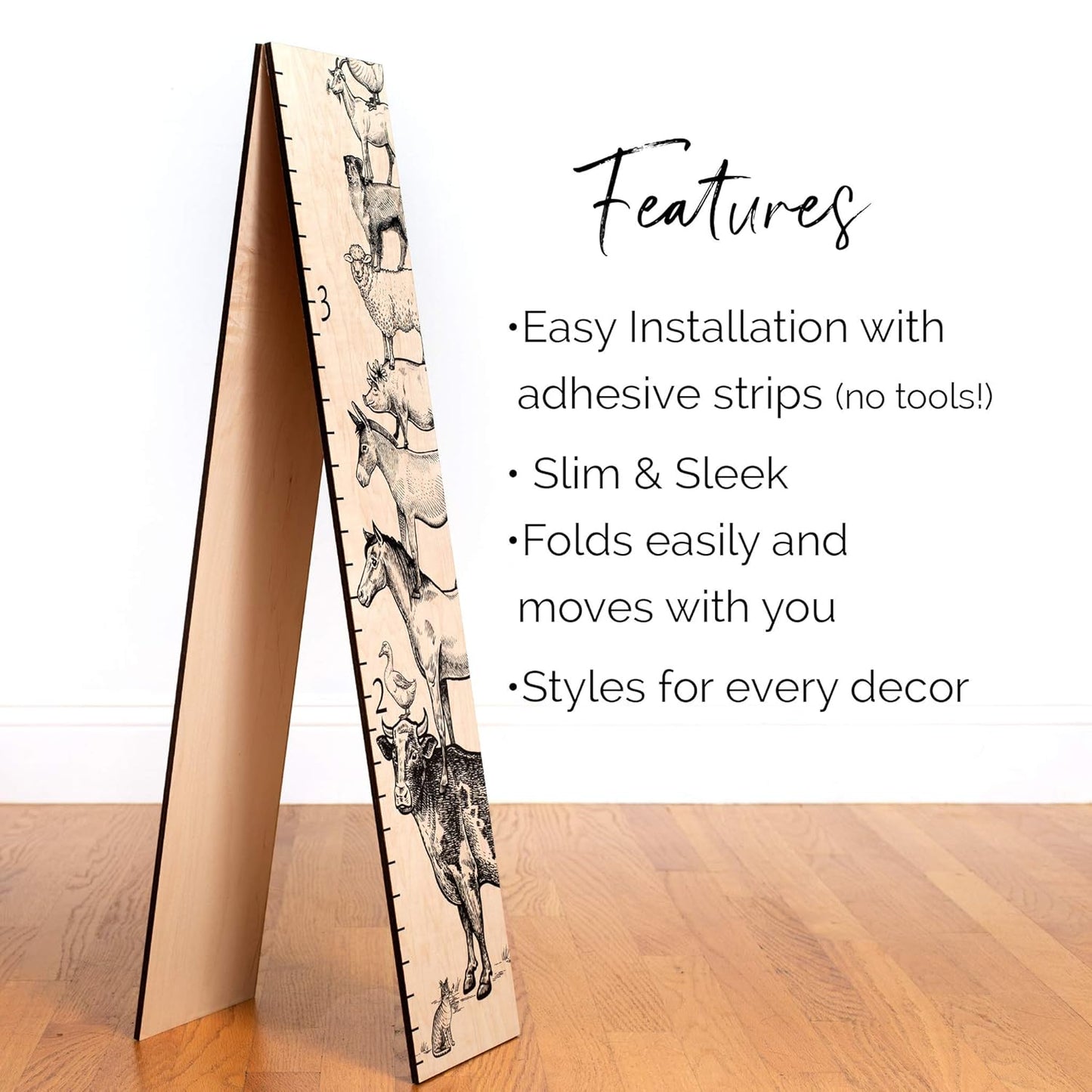 Wooden Growth Chart – Kids Height Chart, Wall Measurement for Kids, Height Chart for Wall, Growth Ruler for Children – Farm Animals, Natural - 63" x 6.7"