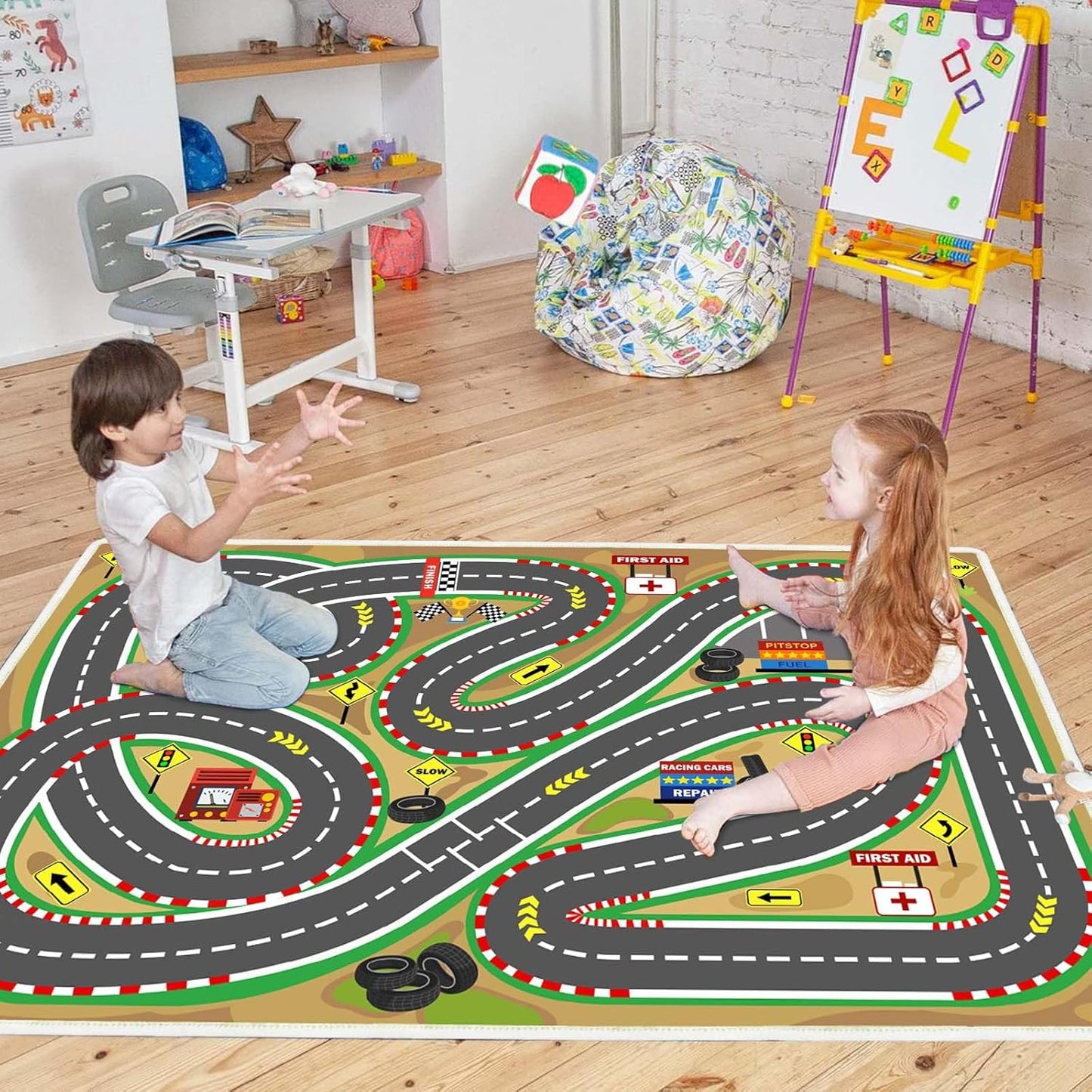 Kids Rug Play mat Playroom Rugs Car Rugs for Kids Toy Cars Race Track for Classroom Rug (Race-Brown, 5.2x7.9ft)