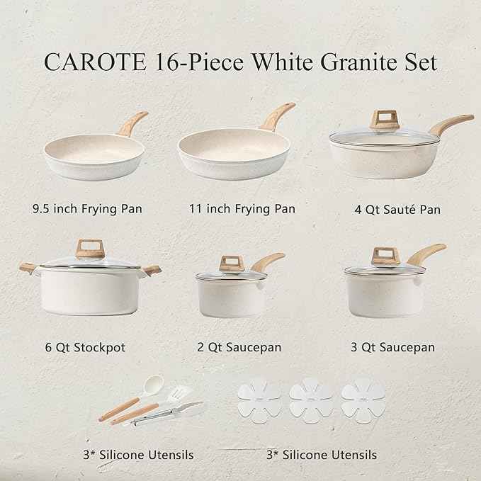 CAROTE 16 Piece Pots and Pans Set Nonstick, White Granite Cookware Sets Induction Cookware, Non Stick Cooking Set w/Frying Pans & Saucepans (PFOS, PFOA Free)