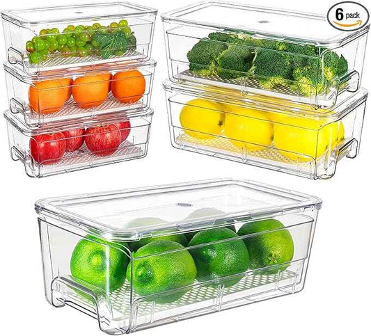 Imncya 6 Pack Stackable Pull-Out Fridge Organizer Drawers, Clear Refrigerator Drawer with Lids, Fridge Stackable Storage Drawers for Veggies, Fruits, Food Storage and Organizer